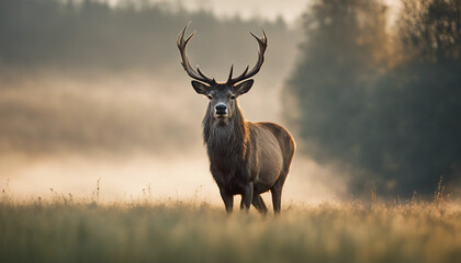 A majestic stag standing in a meadow, with mist rising in the early morning light
