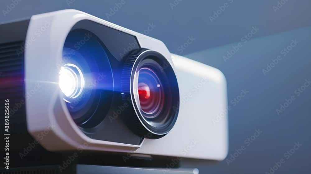 Poster a deep focus shot of a projector displaying a highquality image on a blank white screen.