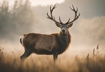 A majestic stag standing in a meadow, with mist rising in the early morning light
