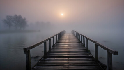 Obraz premium Misty bridge leading towards the sunrise
