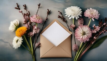 Spring-themed greeting card mockup with a floral arrangement and envelope