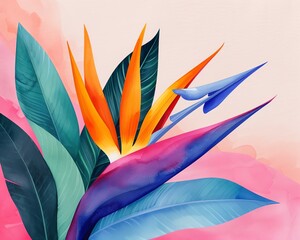 Painting of a bird of paradise flower with bold, exotic colors, bird of paradise watercolor, tropical beauty