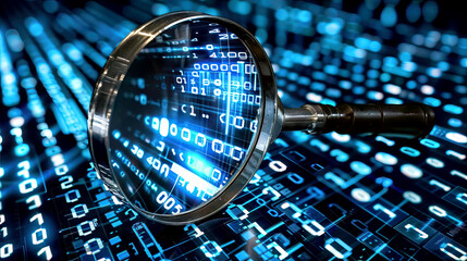 Magnifying glass looking at digital data information, cyber security research, futuristic computer network investigation, cyber crime analysis