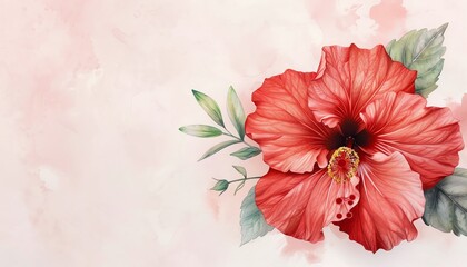 Painting of a hibiscus flower with vibrant red petals, hibiscus watercolor, tropical bloom