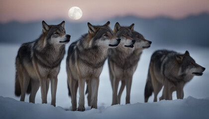 Naklejka premium A pack of wolves howling at a full moon, with snow-covered mountains in the background 