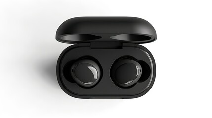 Top perspective of black wireless earbuds inside charging case, isolated on plain white background, tech gadget theme