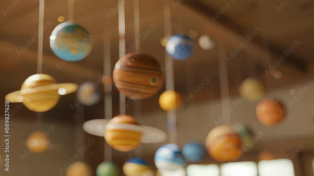 Poster a detailed shot of a solar system mobile hanging from the ceiling illustrating the relative sizes an