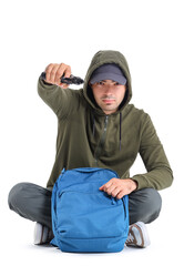 Male student with gun on white background. School shooting concept