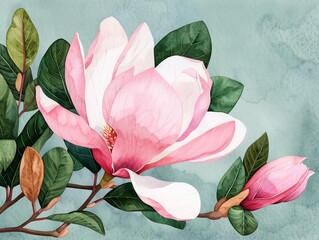 Detailed watercolor of a blooming magnolia flower, magnolia watercolor, southern charm