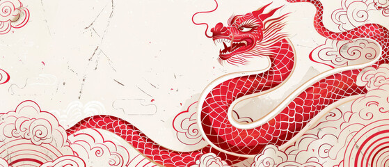 Red Dragon Illustration With White Clouds on a Beige Background