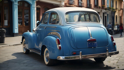 Classic blue vintage car parked on street
