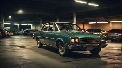 Classic green car in an indoor parking garage