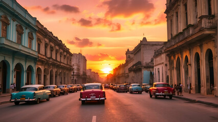 Obraz premium Vibrant sunset over a bustling street scene