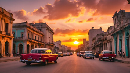 Naklejka premium Vintage cars on a street at sunset