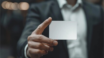Fototapeta premium man's hand showing a blank credit card mock-up, business card mock up