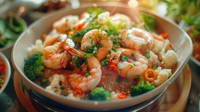 Looking down at Chop Suey with prawns broccoli and cauliflower an asian dish at a help yourself buffet