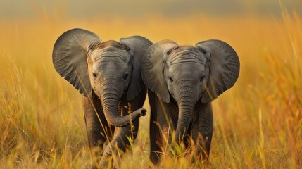 Fototapeta premium An adorable shot of baby elephants in a grassland standing back to back