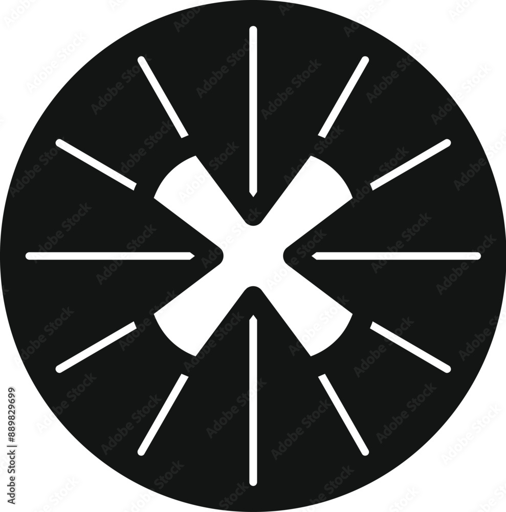 Aufkleber black and white icon of a round button with an x shape in the center, surrounded by lines that look 