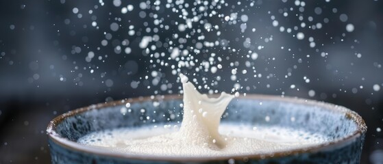 Amazake exploding, with creamy, sweet rice particles and liquid splattering in a vibrant burst