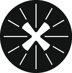 Black and white icon of a round button with an x shape in the center, surrounded by lines that look like sun rays
