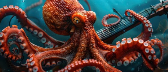 Obraz premium An octopus dressed as a musician is playing multiple instruments in a supernatural undersea concert