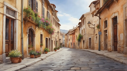 Fototapeta premium Quaint old European street in watercolor