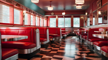 Retro diner interior with red booths and bar