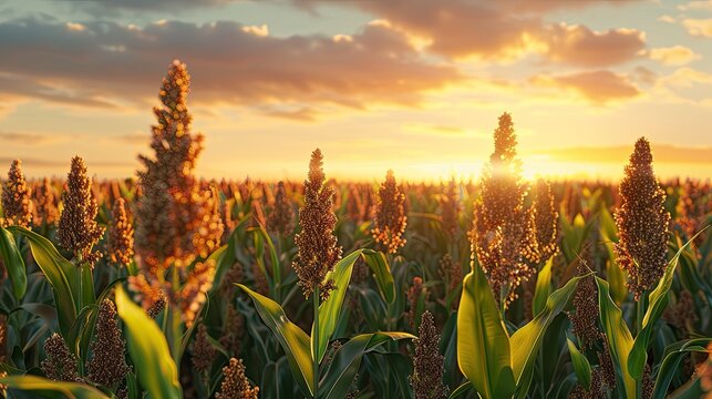 Biofuel and Food Sorghum Plantation industry in sunset Field of Sweet Sorghum stalk and seeds Millet field Agriculture field of sorghum named also Durra Milo or Jowari Healthy nutrients