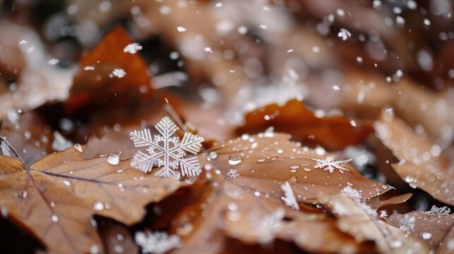 Snowflakes graupel on brown fallen leaves