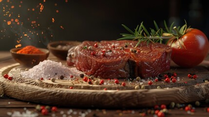 Close up piece of beef meat ribeye with spoons of Himalayan salt and grilling spices tomato and rosemary Side view BBQ ingredients