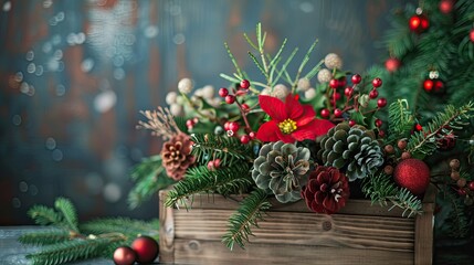 Floral arrangement in a wooden box with live spruce and ilex branches for decorating the house for the Christmas holidays Christmas wooden box with fir branches for the holiday The new year