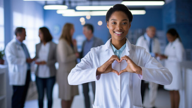 A woman in white coat making a heart shape with her hands, AI