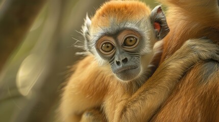 Fototapeta premium baby langur monkey in mother s arms