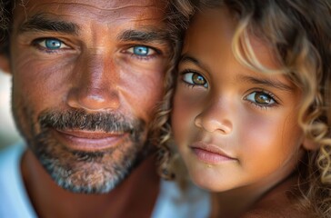 A little girl with dark hair and brown eyes hugged her dad, who had short gray hair and wore a white T-shirt, from behind in the park, personally conceptualizing, Father's Day