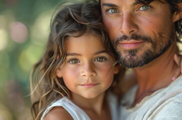 Fototapeta premium A little girl with dark hair and brown eyes hugged her dad, who had short gray hair and wore a white T-shirt, from behind in the park, personally conceptualizing, Father's Day