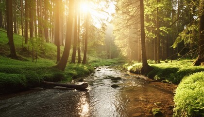 Sunlit Forest Creek Flowing Through Serene Woodland