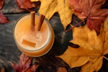 A beautiful vanilla cocktail with cinnamon and whiskey on a background of leaves. Sour whiskey cocktail with autumn leaves.
