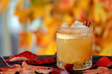 A beautiful vanilla cocktail with cinnamon and whiskey on a background of leaves. Sour whiskey cocktail with autumn leaves.