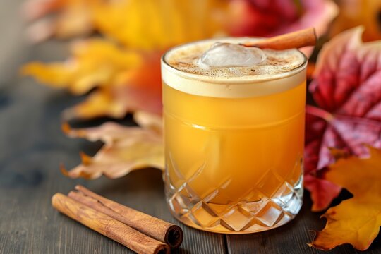 A beautiful vanilla cocktail with cinnamon and whiskey on a background of leaves. Sour whiskey cocktail with autumn leaves. - Powered by Adobe