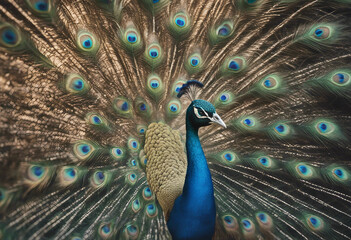Obraz premium A peacock displaying its feathers in an ancient temple garden, under a bright blue sky 