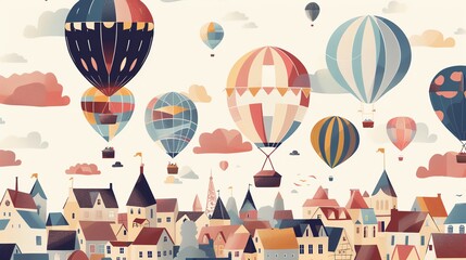 Naklejka premium Whimsical scene of colorful hot air balloons floating above a charming village, creating a dreamy and surreal atmosphere.