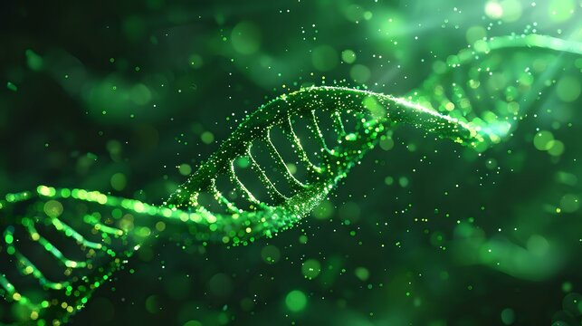 Green DNA helix with glowing particles. Ideal for genetics, biotechnology, and scientific research themes. - Powered by Adobe