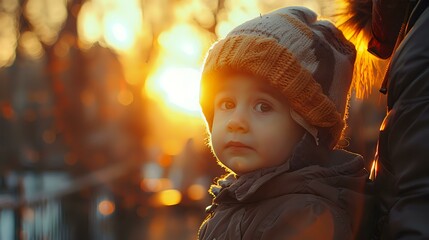 A young child bundled up in warm clothing, gazing thoughtfully at the camera with a beautiful golden sunset in the background. Perfect for themes of childhood, innocence, and autumn or winter 