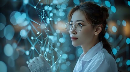 Focused female scientist analyzing a digital network interface, symbolizing innovation, research, and technology. Ideal for topics on scientific breakthroughs, data analysis, and futuristic advancemen