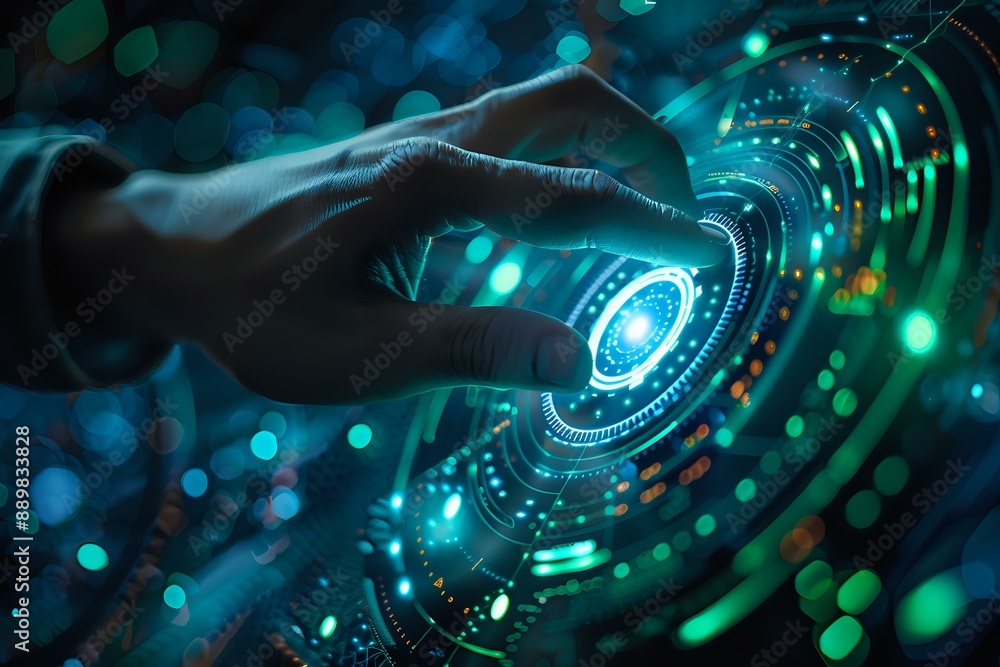 Poster close-up of a hand interacting with a futuristic digital interface with glowing holographic elements