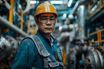 Portrait of an industrial worker wearing a hard hat and safety glasses in a factory setting. Ideal for industrial themes, workforce, and safety-related projects.