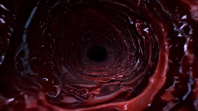 Flying through a blood red vein as if through a tunnel.