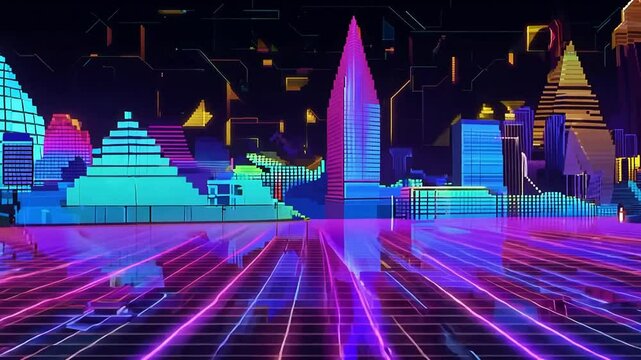 A colorful animated and pixelated background like in an 80s computer game.