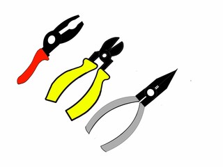 A digital design of three colored pliers,in a white background