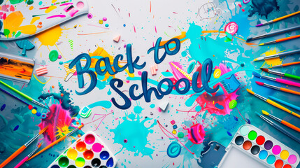 Back to School Concept with Colorful Art Supplies and Paint Splashes